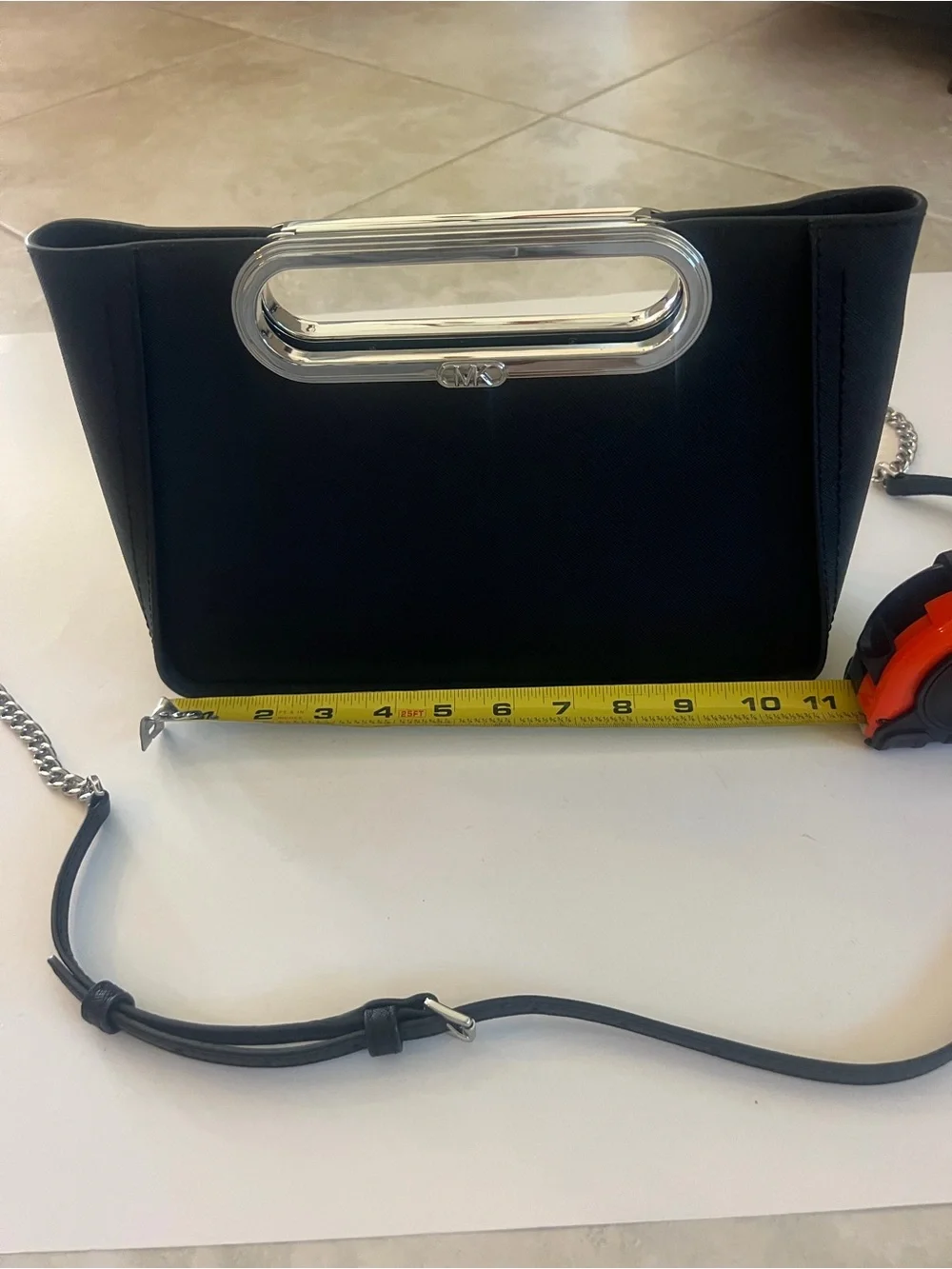 Michael Kors Black Crossbody with Silver-Tone Oval Handle and Chain Strap